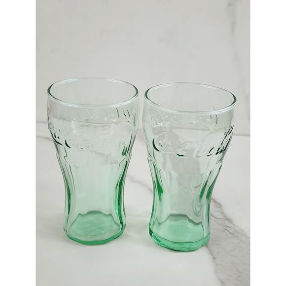Coca Cola Coke Green Mini Glass 6.25 oz Drinking Glasses 4 1/4" Logo Embossed x2 - Picture 5 of 12